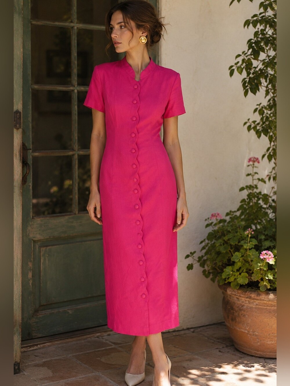 Vintage 90s Hot Pink Linen Blend Sheath Midi Dress Mandarin Collar Made USA 10